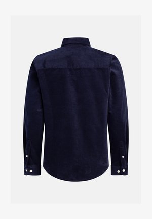 Marineblauw corduroy overhemd met een achterpand, lange mouwen, knoopmanchetten en een afgeronde onderzoom met een geribbelde textuur.