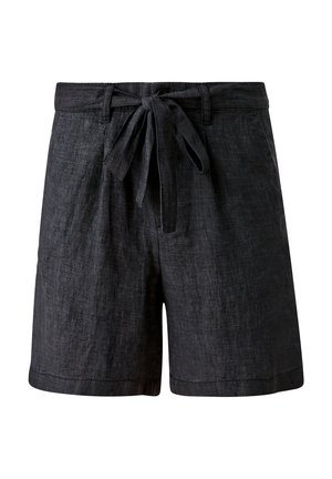 Sorte linnedshorts med forlommer og et bundet stofbælte i taljen, vist på en hvid baggrund.