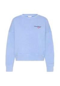 Lichtblauwe crewneck-trui met de tekst "Cherish me" en een klein rood kersje op de linkerborst, lange mouwen en geribbelde boorden en zoom.