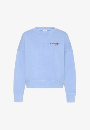 Felpa girocollo azzurro chiaro con la scritta "Cherish me" e un piccolo disegno di una ciliegia rossa sul petto a sinistra, maniche lunghe e polsini e orlo a coste.