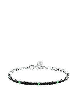 Bracciale in argento con pietre verdi e nere alternate, dotato di una catena fine e di un moschettone. Design elegante con finitura lucida.