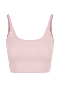 Rosa stretchy stoff bralette med brede stropper og rund halsutskjæring. Har en subtil hvit brodert logo foran. Glatt tekstur.