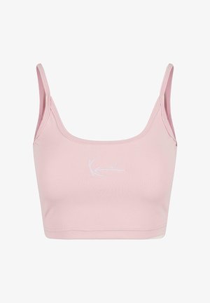 Růžový elastický bralet s širokými ramínky a zaobleným výstřihem. Má jemné bílé vyšívané logo na přední straně. Hladký povrch.