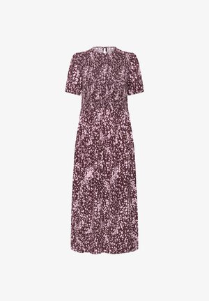 Korte mouw, knielange jurk in bordeauxrood met een roze en witte stippenpatroon. Heeft een geraffineerde lijfje en een ronde halslijn.