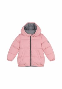 Padded pink jacket with a hood, front zipper, and two side pockets. Lined with striped pattern fabric. Elastic cuffs for fit.