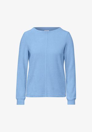 Blusa de manga larga azul claro con escote redondo, tejido texturizado y costura central. Puños acanalados.