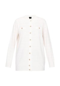 Cardigan bianco con un motivo testurizzato, maniche lunghe e bottoni dorati. Caratterizzato da due piccole tasche sul petto e un collo rotondo.