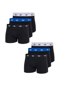 Svarta och blå boxershorts med elastiska midjeband som har ett vitt logomönster. Inkluderar fyra svarta och två blå alternativ.