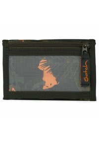 Mesh-Wallet mit einem Camouflage-Muster, das orangefarbene Tiersilhouetten zeigt. Schwarze Borte, Reißverschlussverschluss und ein Markenetikett an der Seite.