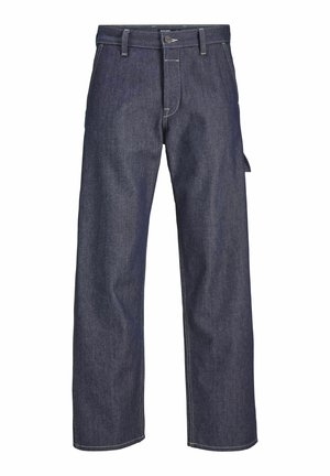 Denimbyxor i mörkblått, med rak bendesign, framknäppning, kontrasterande sömmar och sidofickdetalj.
