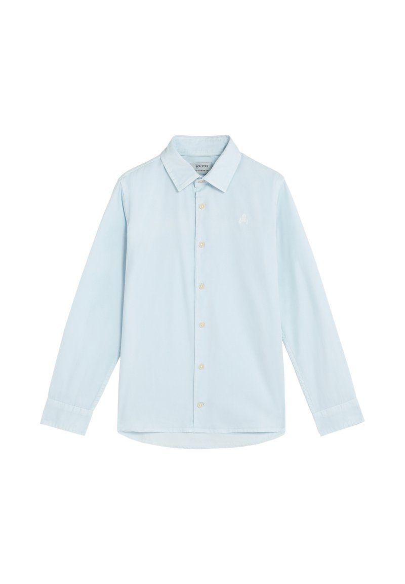 Camisa de botones de manga larga en azul claro, confeccionada en algodón. Presenta un cuello clásico, puños y un logo bordado en el pecho.