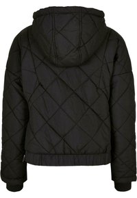 Quiltet svart jakke med hette, med diamantmønster, elastiske mansjetter og cropped hem, laget av et glatt, lett materiale.