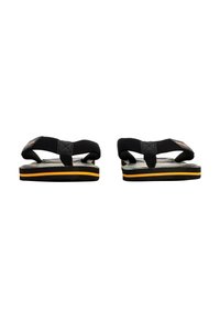 Flip-flop neri con cinghie testurizzate, presentano una soletta con motivo verde e nero, accentuato in giallo sulla suola e con una soletta imbottita.