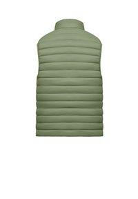 Lichtgroene mouwloze puffer vest met horizontaal gestikte secties, hoge kraag en een gladde textuur. Minimalistisch ontwerp, zonder zichtbare hardware.