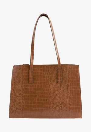 Geantă tote cu model de crocodil maro, cu două mânere lungi, formă rectangulară, închidere cu fermoar și textură netedă. Detalii de design minimalist.