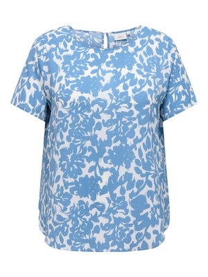 Blauw-witte blouse met korte mouwen, ronde hals en abstract bloemmotief, voorzien van een kleine knoopsluiting aan de achterkant.