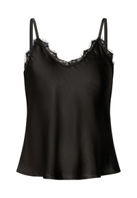 Schwarzes Satinkleid mit dünnen Trägern, versehen mit einer Spitzenborte entlang des Ausschnitts. Glatte Textur mit einem ausgestellten Saum.