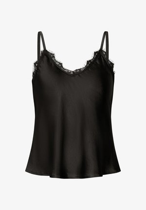 Schwarzes Satinkleid mit dünnen Trägern, versehen mit einer Spitzenborte entlang des Ausschnitts. Glatte Textur mit einem ausgestellten Saum.