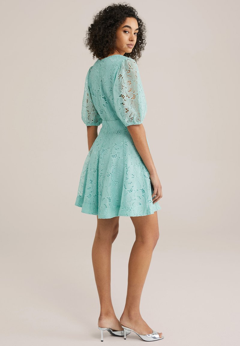 strapless open back dress Blythe Dress Mori Girl Style with Pastel Flowers, Aqua Blue Lace for N