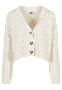 Krämfärgad stickad kort ärmad cardigan med långa ärmar och tre stora mörka knappar fram.