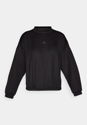 Sweatshirt preto de mangas longas com um decote alto, possui punhos e bainha elásticos, feito de um tecido suave, adornado com um logótipo discreto no peito.