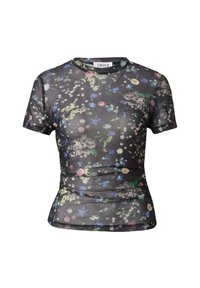 Bloemen mesh t-shirt met korte mouwen, met een zwarte basis en kleurrijke bloemenpatronen. Strak ontwerp met geassembleerde zijdetails.