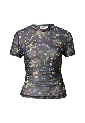 Floral Mesh T-Shirt mit kurzen Ärmeln, mit schwarzem Grund und bunten Blumenmustern. Eng anliegendes Design mit gerafften Seitendetails.