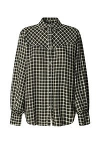 Camicia a scacchi bianca e nera realizzata in tessuto morbido. Presenta un colletto, una chiusura con bottoni sul davanti e maniche lunghe con polsini arricciati.