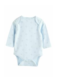 Bodysuit pour bébé à manches longues de couleur bleu clair, fabriqué en tissu doux avec un motif de teddy bears répétitif. Boutons-pression en bas pour un habillage facile.