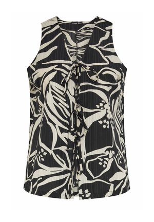 Blusa senza maniche con stampa floreale bianca e nera, scollo a V e due chiusure frontali a fiocco.