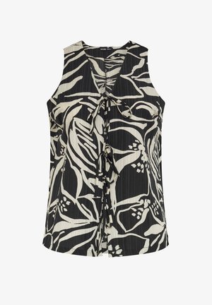Blusa senza maniche con stampa floreale bianca e nera, scollo a V e due chiusure frontali a fiocco.
