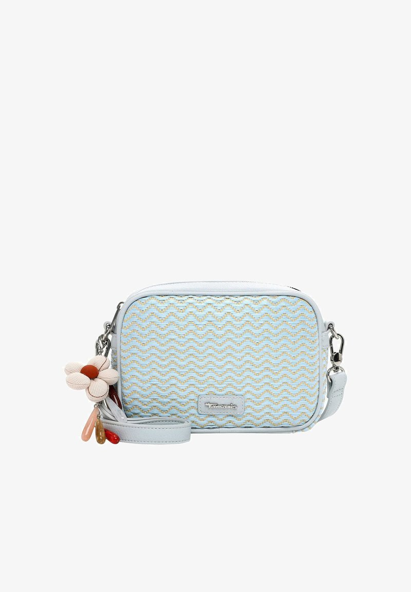 Sac bandoulière rectangulaire bleu clair avec motif en zigzag jaune, bandoulière amovible et breloque fleur en tissu avec perles colorées.