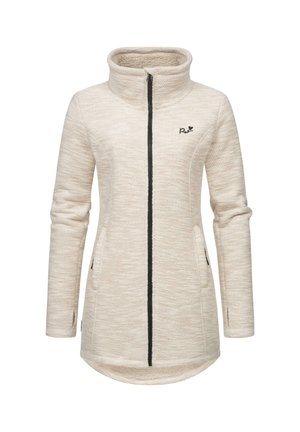 Cremefarbener Fleece-Jacke mit hohem Kragen, vollem Reißverschluss, zwei seitlichen Taschen und schwarzen Akzenten entlang des Reißverschlusses und des Logos. Weiche Textur.