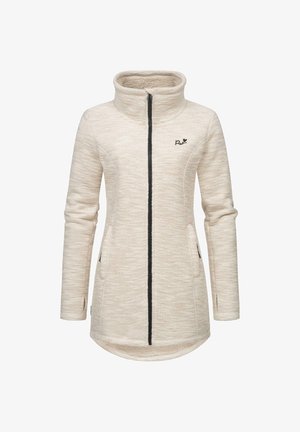 Cremefarbener Fleece-Jacke mit hohem Kragen, vollem Reißverschluss, zwei seitlichen Taschen und schwarzen Akzenten entlang des Reißverschlusses und des Logos. Weiche Textur.
