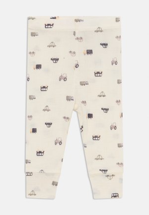 Kremfargede leggings med et gjentakende mønster av ulike kjøretøy i dempede toner. Laget av myk, fleksibel stoff med elastisk midje.