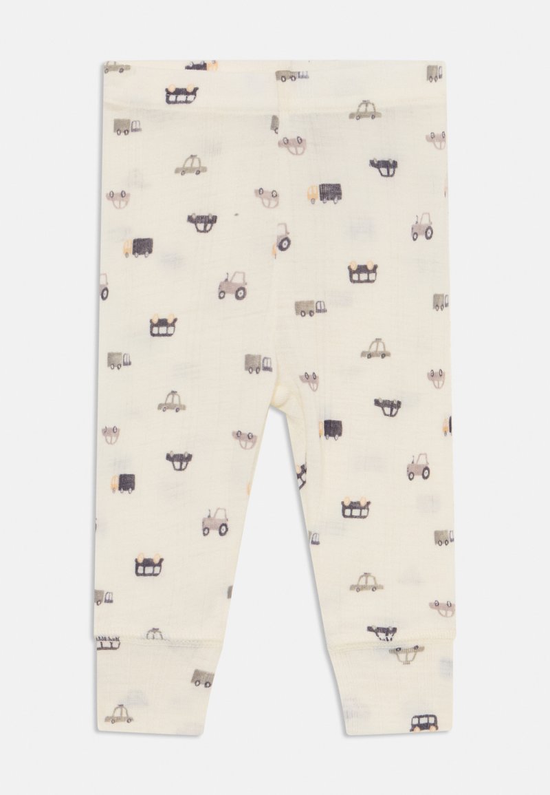 Kremfargede leggings med et gjentakende mønster av ulike kjøretøy i dempede toner. Laget av myk, fleksibel stoff med elastisk midje.