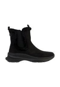 Bottes chevilles en daim noir avec doublure en fausse fourrure, panneaux latéraux élastiques et semelle épaisse noire, caractérisées par une texture lisse et un design épuré.
