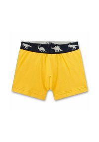 Gelbe Baumwoll-Boxershorts mit einem marineblauen Bund, der grau karierte Dinosauriermuster zeigt, darunter ein T-Rex und ein Stegosaurus. Weicher Stoff.