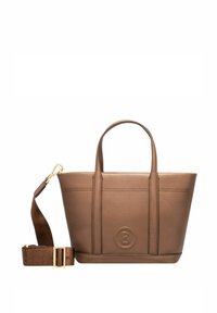 Brązowa skórzana torba tote z teksturowanym wykończeniem, podwójnymi krótkimi uchwytami, odczepianym paskiem i wytłoczonym logo z przodu.