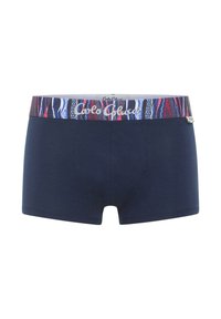 Navy blue men's boxer briefs with a multicolor patterned waistband featuring the "Coalo Colucci" logo in white script.