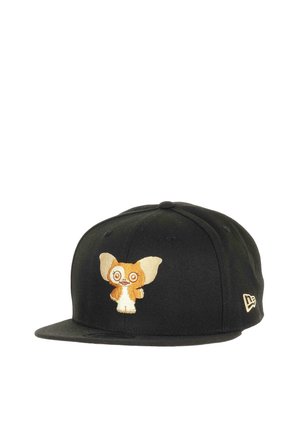 Black baseball cap featuring a multicolored embroidered creature on the front. Adjustable strap at the back, solid fabric texture.