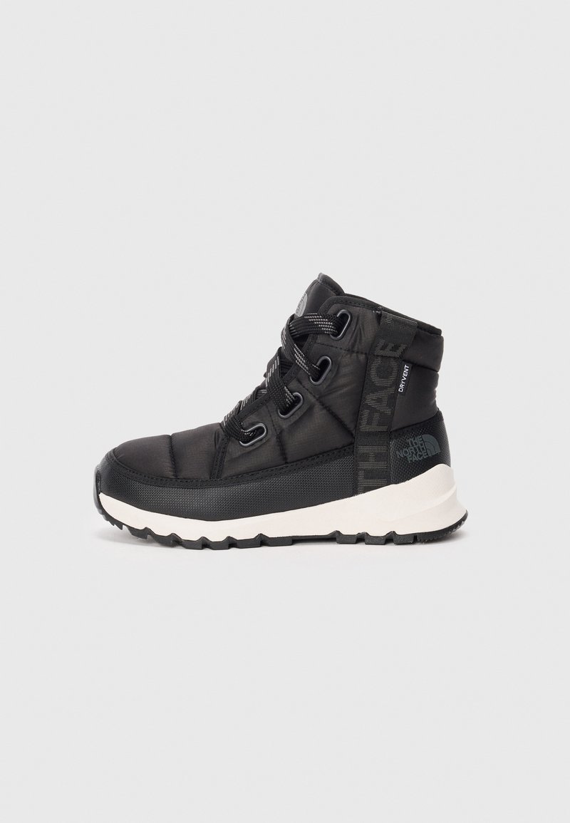 Black mid-top hiking boots with a textured finish, adjustable laces, and white rubber sole. Features branding on the side.