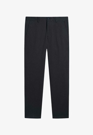 Schwarze, maßgeschneiderte Hose mit flachem Frontbund, zwei seitlichen Taschen und einem Knopfverschluss. Aus einem glatten, atmungsaktiven Stoff gefertigt. Gerade Beinform.