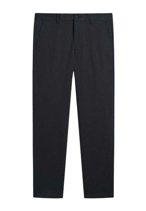 Pantaloni neri con un design aderente, dotati di due tasche laterali, chiusura con bottone e una texture di tessuto liscia. Taglio dritto.