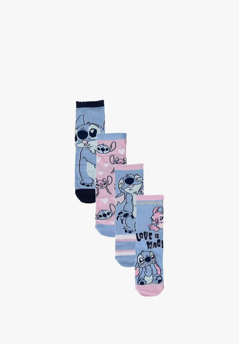 Quattro paia di calzini in diverse tonalità di blu e rosa, decorati con personaggi dei cartoni animati. I design includono cuori e il testo "L'amore è magia."