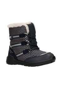 Námořnické zimní boty nepromokavé, s tkaninou se vzorem hvězdiček, límcem z umělé kožešiny, černou gumovou podrážkou a s třemi nastavitelnými popruhy pro bezpečné upevnění.