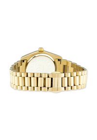 Goldfarbene Metallarmbanduhr mit einem Gliederarmband und einem Verschluss, der mit "Copenhagen Studios" graviert ist, von der Rückseite gezeigt.