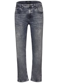 Vaqueros de denim gris oscuro con un corte relajado, que cuentan con bolsillos delanteros, cierre de cremallera y un leve desgastado en la tela.