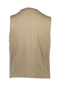 Beige ärmlös topp med en slät yta, med rundad halsringning och en figurnära design. Enkel sömnad längs kanterna.