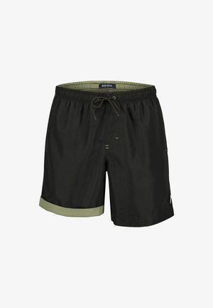 Zwarte zwembroek met een groene opgevouwen zoom, elastische tailleband en trekkoord. Het materiaal is glad met minimale stikseldetails.